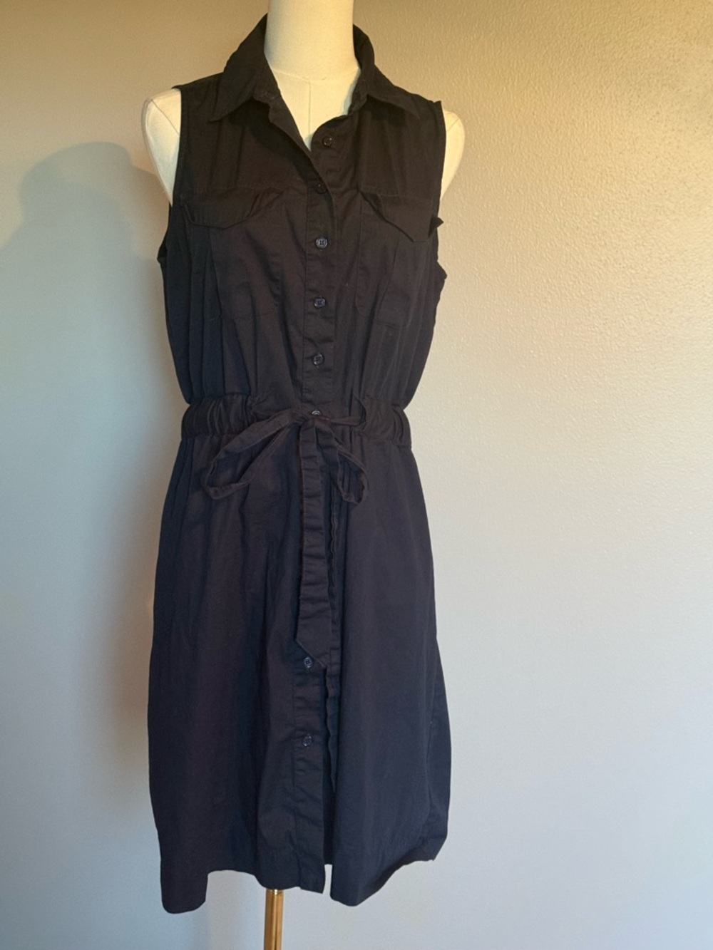 Sleeveless Button-Front Navy Shirt Dress with Tie Waist